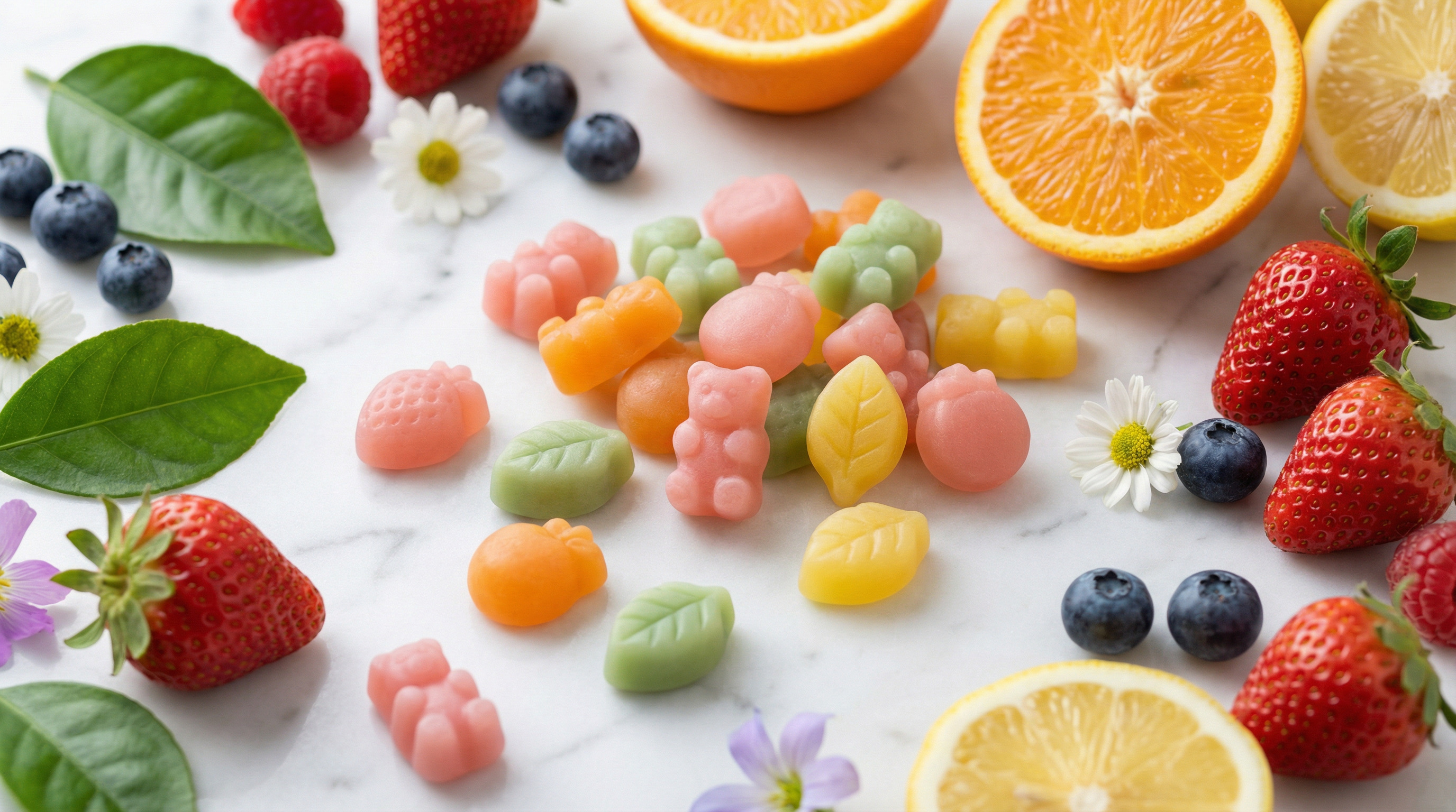 Gummies vitamínicas veganas coloridas com frutas frescas